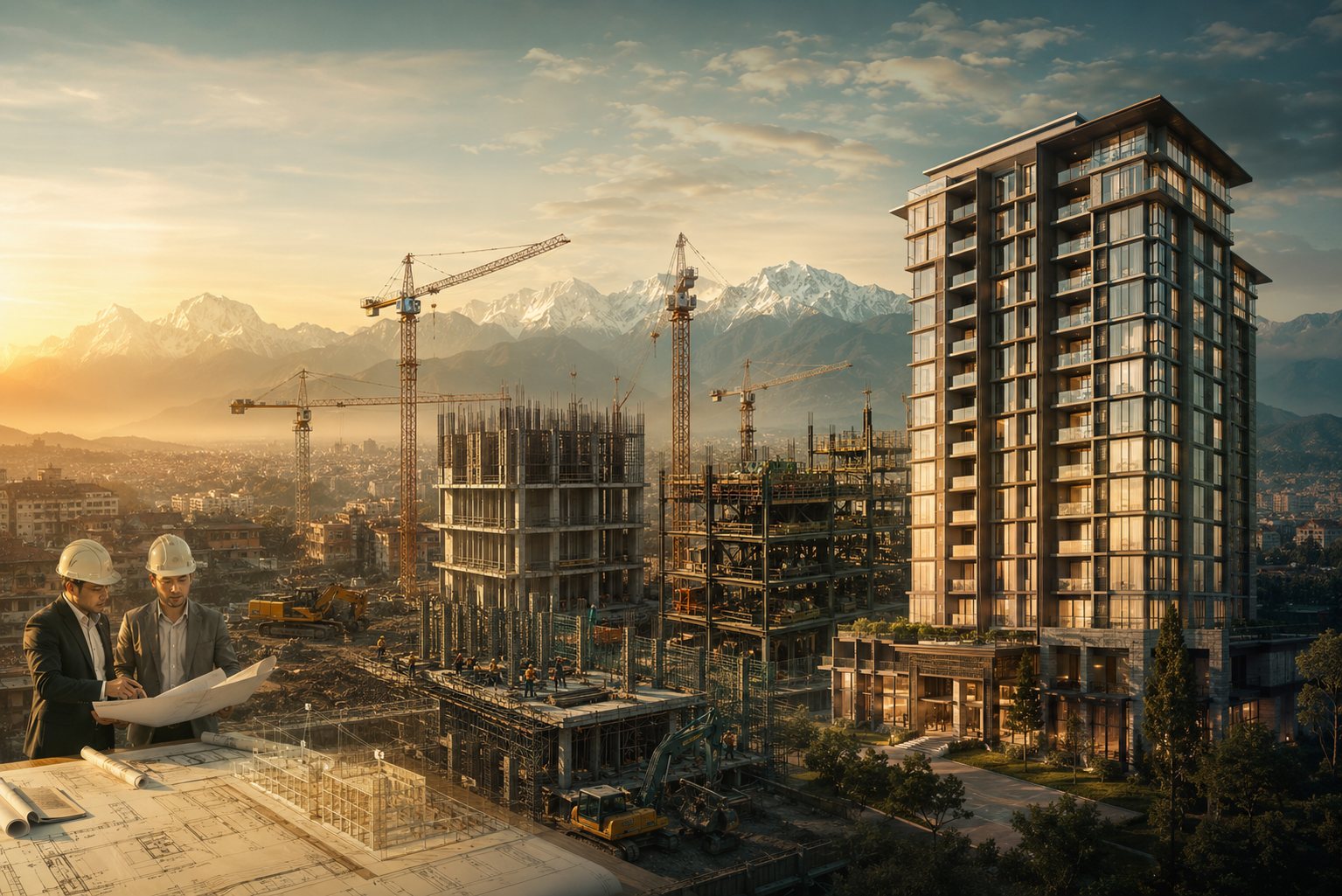 Two engineers with drawings above an Alpha Concern site at sunrise — towers under construction, a completed residential block, and the Himalaya beyond.