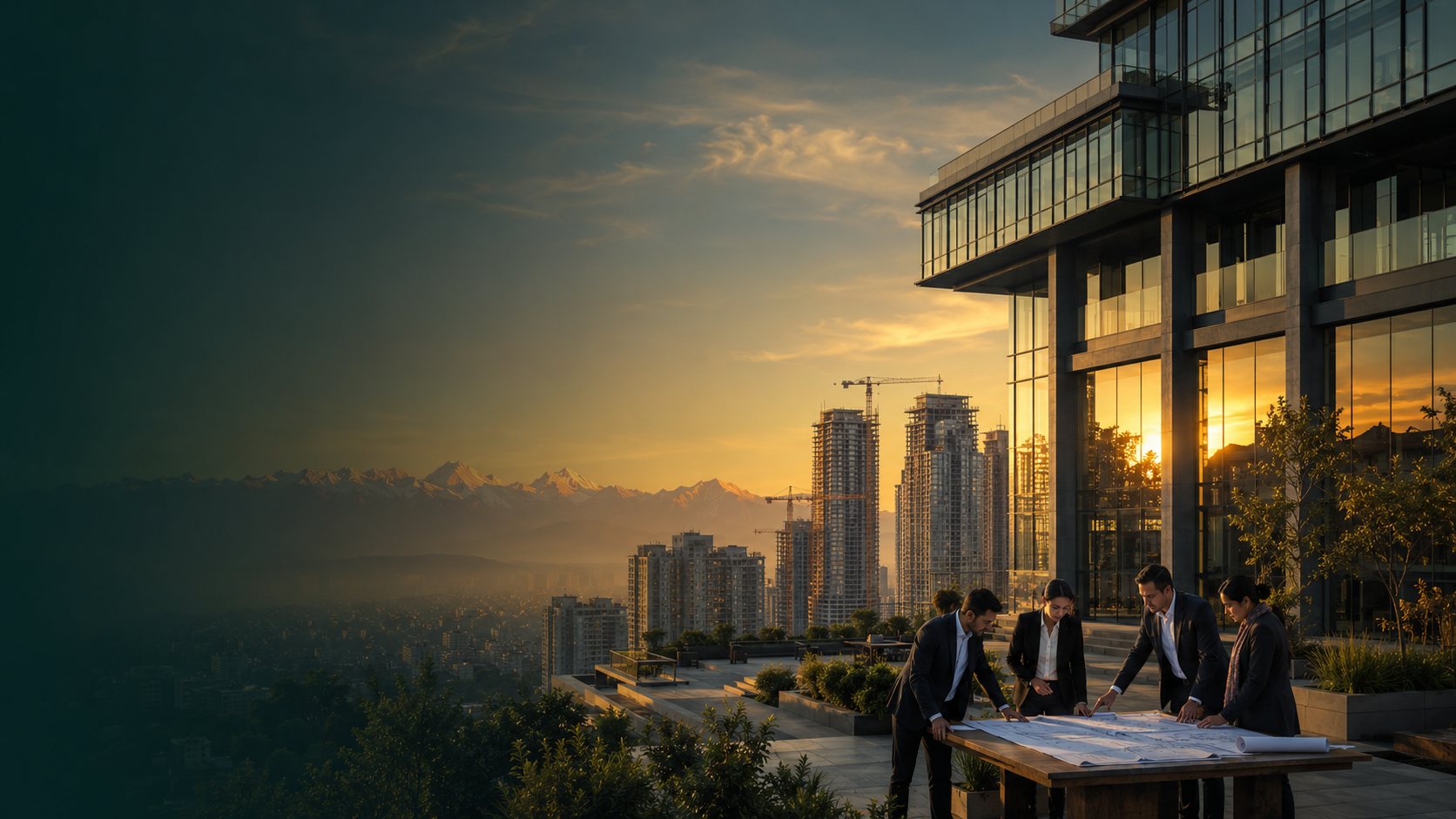 Four colleagues reviewing drawings on a rooftop terrace at sunset, with the Kathmandu skyline and the Himalaya beyond.