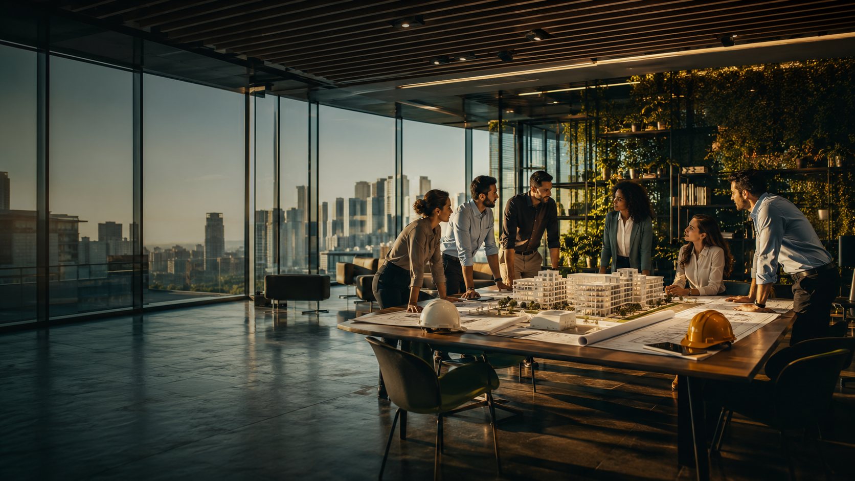 A project team reviewing drawings and a massing model around a studio table.
