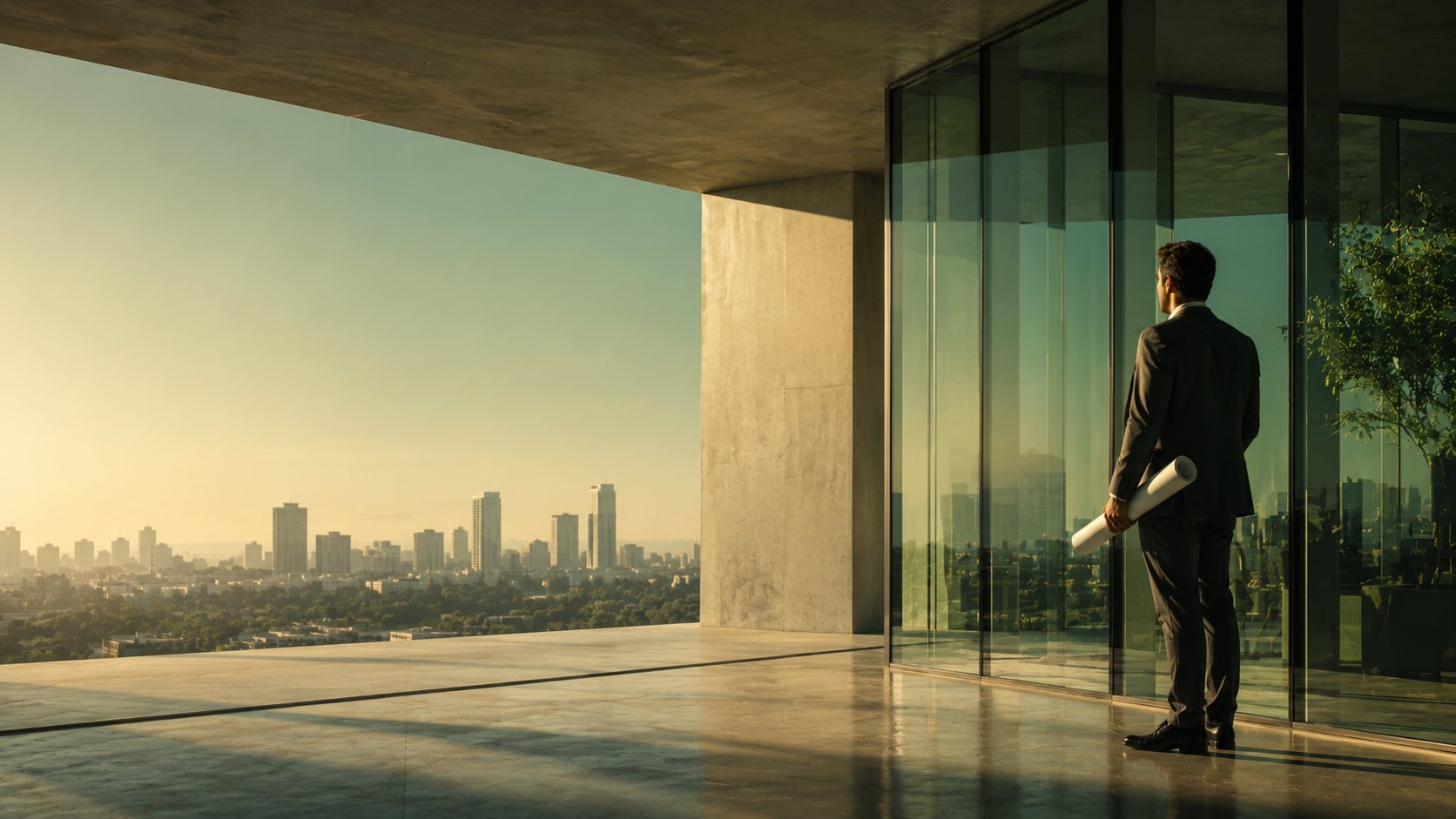 An architect holding drawings, looking out over the city from a concrete and glass terrace.