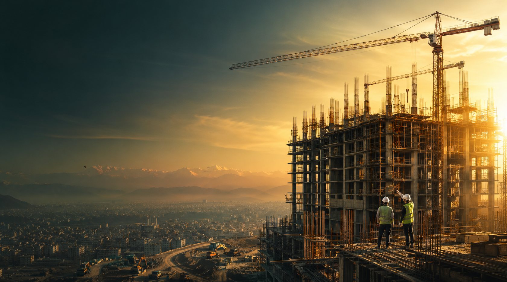 Two engineers on the top slab of a rising concrete frame at sunset, a tower crane above and the valley beyond.