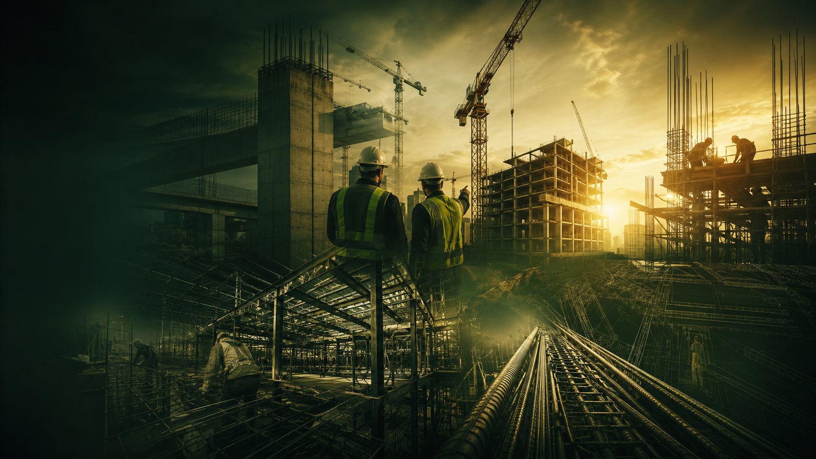 Engineers on a reinforced concrete frame at sunset, with tower cranes over a rising structure.