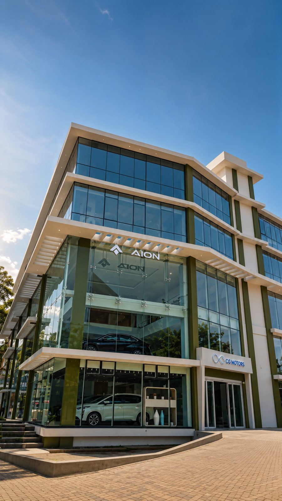 Double-height glazed motor showroom with a car on display.