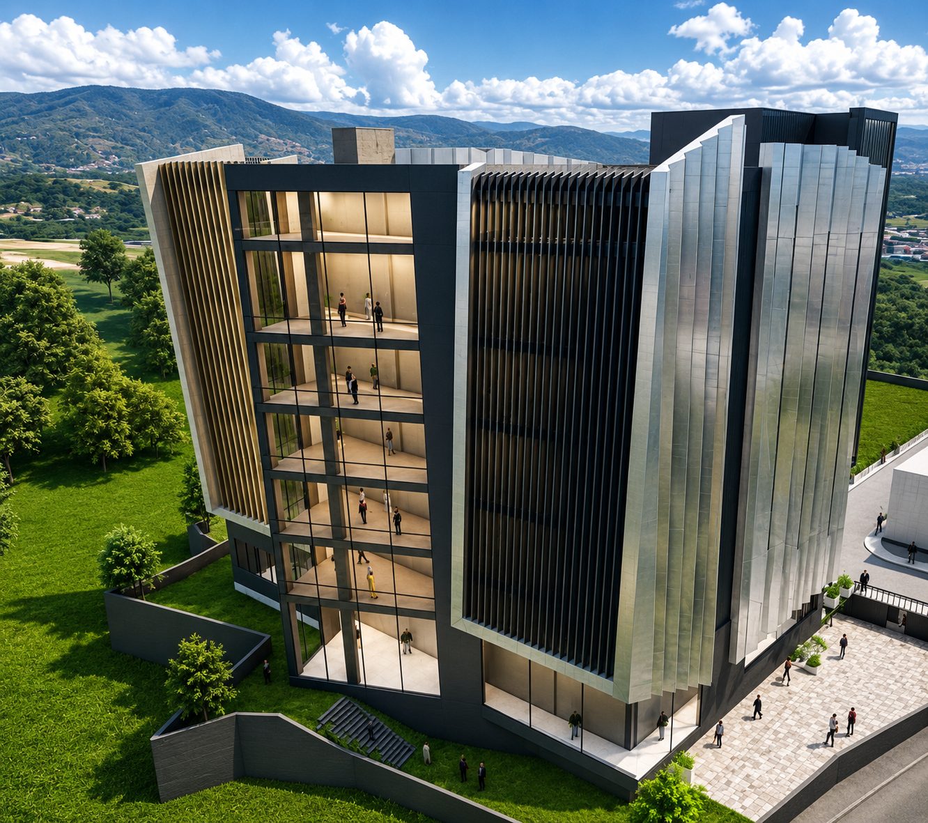 Aerial view of a commercial block with fluted metal and timber screening.