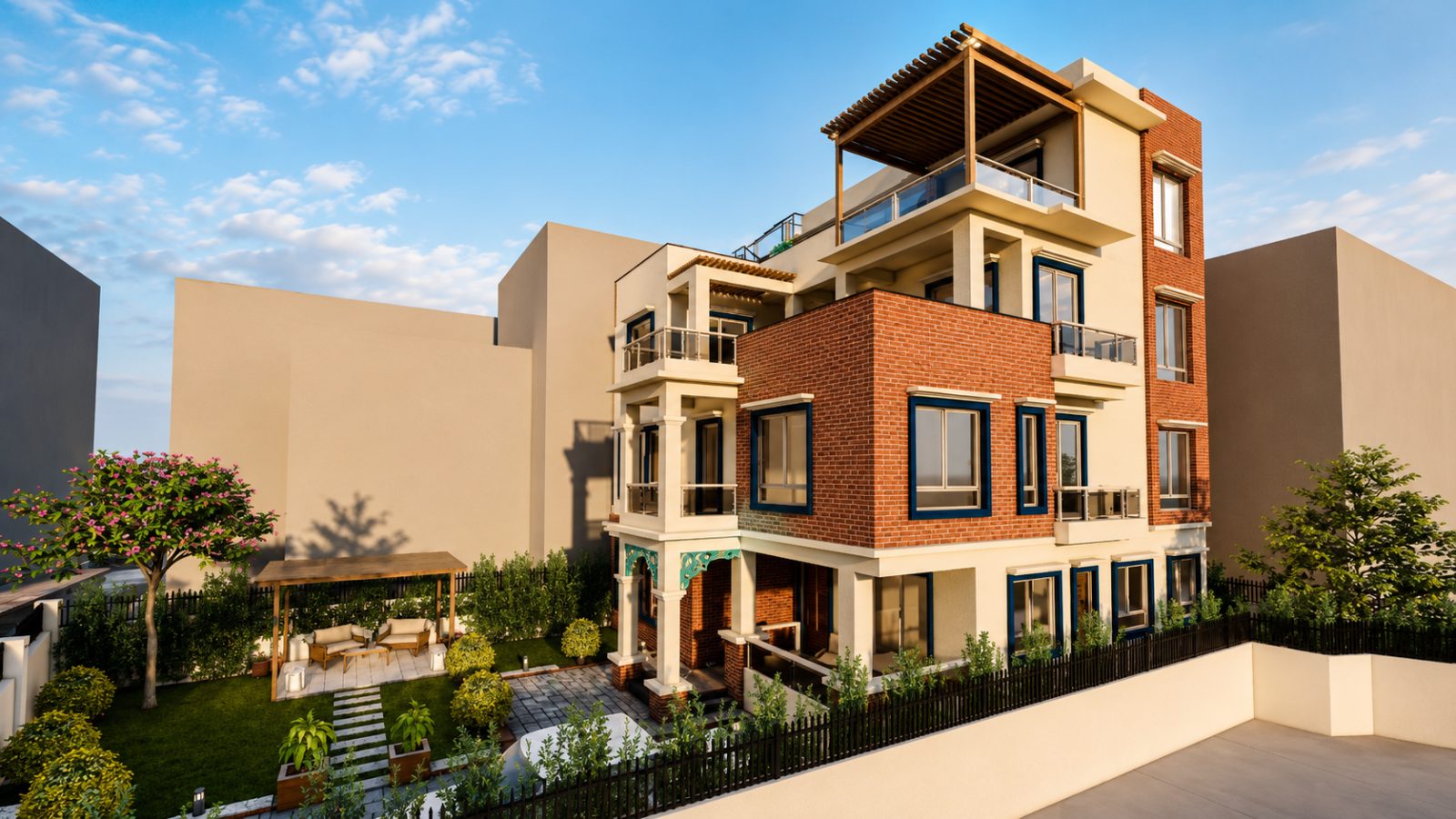 Brick and render private residence with landscaped garden.